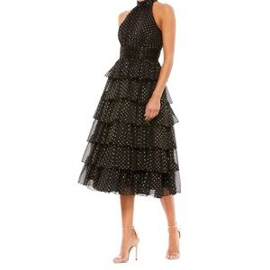 Mac Duggal LAYERED POLKA DOT HALTER COCKTAIL DRESS in Black/Gold Women’s Size 8